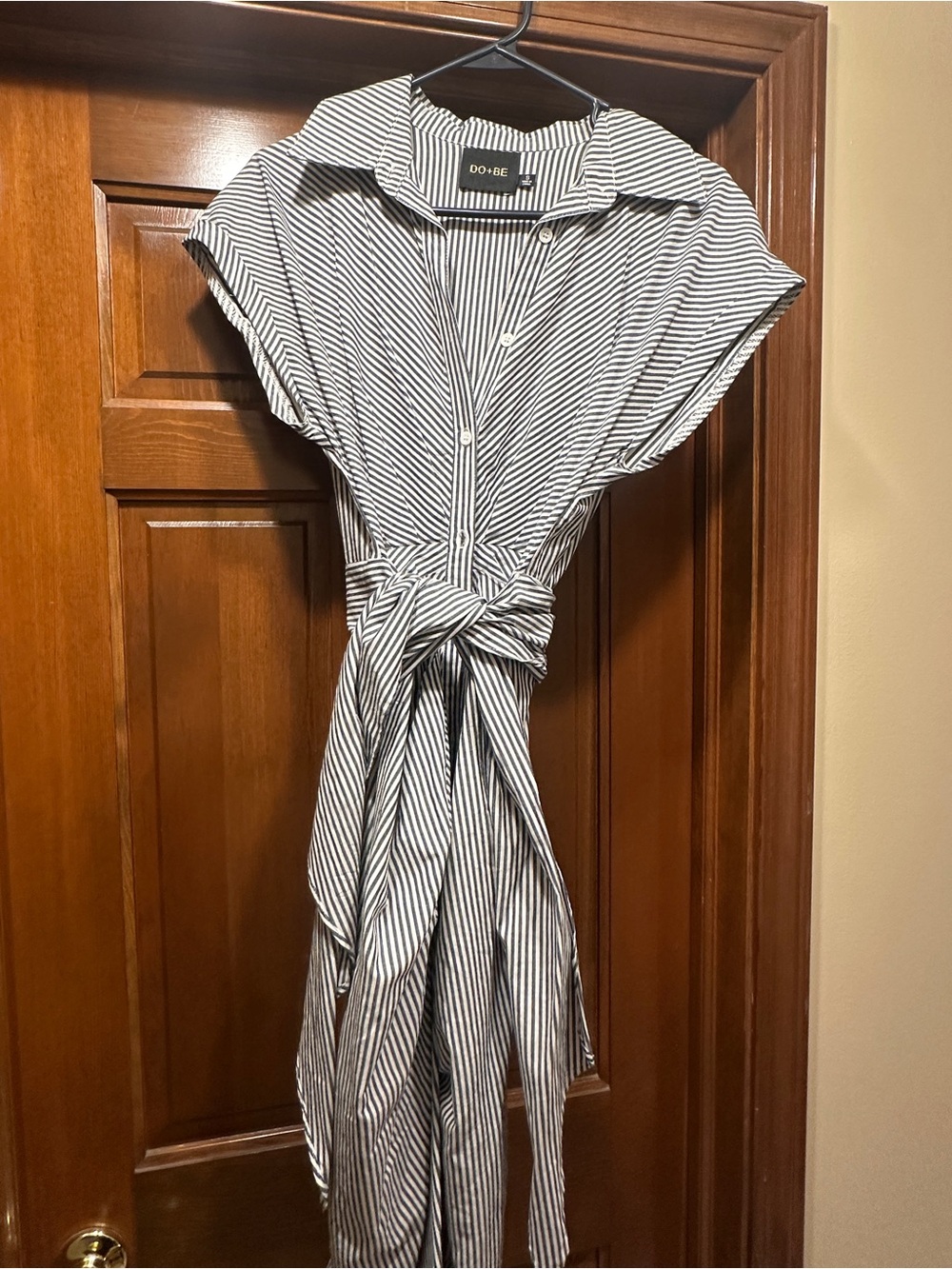 DO+BE Black and White Striped Tie-Waist Midi Dress